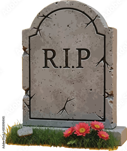 Vibrant flowers adorn weathered RIP tombstone on orange background