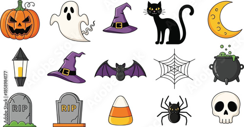 Halloween icons set with spooky symbols and treats