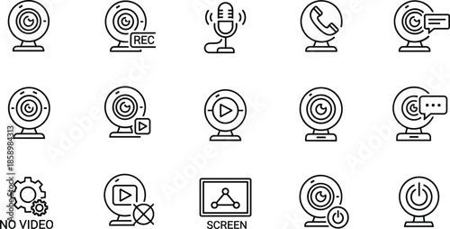 Webcam and Video Conferencing Icon Set Featuring Camera Recording, Microphone Audio, Screen Sharing, Global Calls, and Online Meeting Line Art