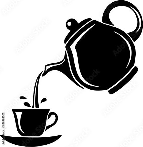 Teapot pouring tea into a cup silhouette, traditional tea time vector illustration isolated on white