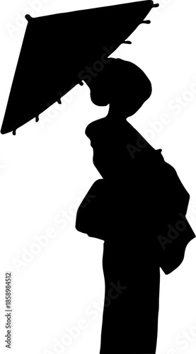Japanese woman in kimono silhouette holding traditional umbrella, geisha vector illustration