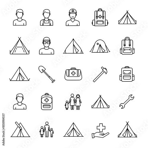 Migrant Refugee Workers Tent Icons Set Simple Vector