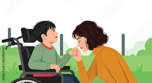 Mother caring for disabled child in wheelchair. Loving mom holding and kissing son's hand outdoors in the park. Woman supporting boy with special needs. Disability, family love, and inclusion concept 