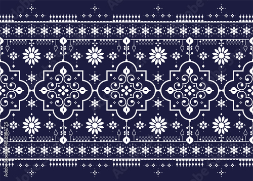 ethnic fabric seamless pattern, blue and white color style, design for cloth, carpet, batik, wallpaper, wrapping etc.