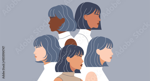 Diverse group of women profiles with blue hair. Multiethnic female characters standing together. Unity, inclusion, and women empowerment concept vector illustration.