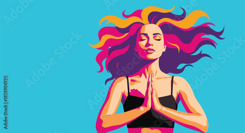 Beautiful woman meditating with colorful flowing hair in pop art style. Female yoga pose with hands in prayer. Mindfulness, wellness, and spiritual peace concept vector illustration.