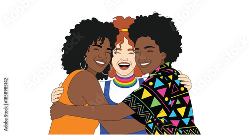 Group of diverse happy women hugging each other. Vector illustration of three multiethnic female friends embracing. Friendship, sisterhood, and LGBTQ pride concept in flat cartoon style.

