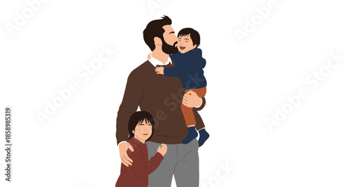 Happy father holding one child in arms and hugging another kid. Vector illustration of dad with two sons or children. Parenting, family bonding, and Father's Day concept in flat cartoon style.