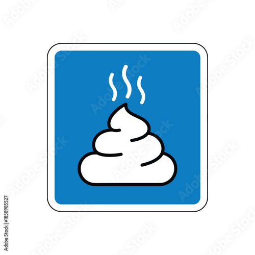 A simple graphic icon of a steaming pile of white poop on a blue square background, indicating a toilet or waste area.
