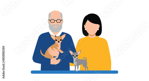 Senior couple with two Chihuahua dogs. Happy elderly man and woman holding small pets. Pet owners, family, and retirement lifestyle concept flat vector illustration.