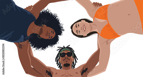 Bottom view of diverse friends hugging in a circle. Happy young people huddling together on summer vacation. Unity and friendship concept. Vector illustration flat design.