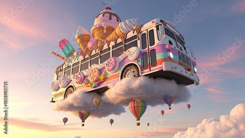 Dreamy Ice Cream Bus Floating on Clouds with Hot Air Balloons
