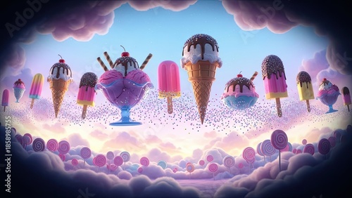 Dreamy Ice Cream Fantasy: Cones, Popsicles, and Lollipops in a Cloudscape