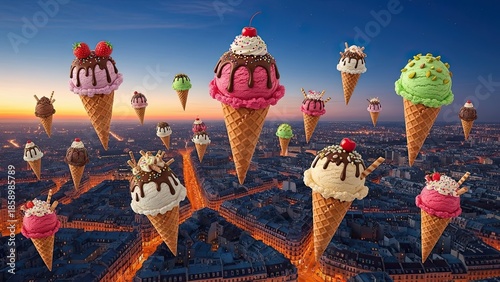 Dreamy Ice Cream Cones Floating Over Paris Cityscape at Dusk
