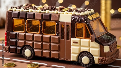 Edible Chocolate Bus Cake with Festive Decorations