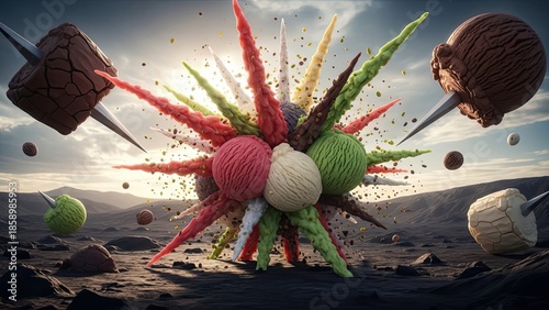 Exploding Ice Cream Balls and Cones in a Surreal Desert Landscape