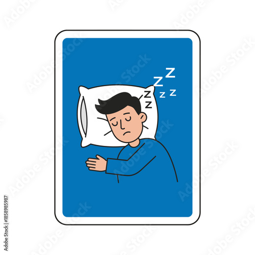 A man sleeping soundly in bed on a white pillow under a blue blanket with Zzz symbols indicating deep sleep.