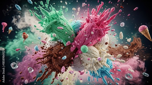 Exploding Ice Cream Scoops in Vibrant Colors with Sprinkles and Frost