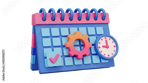 3D Calendar Icon with Clock and Gear