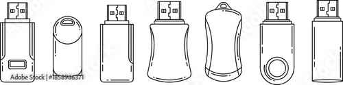 Set of USB flash drive icons for data storage and memory backup isolated on white background cad drawing flat vector illustration