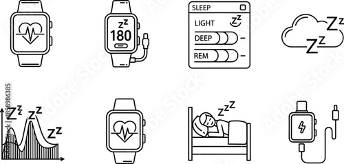 Sleep Tracking Wearable Icon Set Featuring Smartwatch Heart Rate Monitoring Sleep Stages Analysis Deep Sleep Cycles And Digital Health Technology