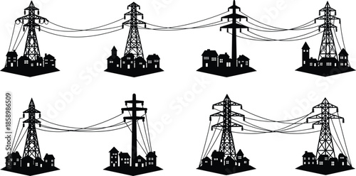 Transmission tower silhouette, power grid, electricity infrastructure, urban buildings, high voltage lines, vector illustration, energy network, structural design, black shape, city connection