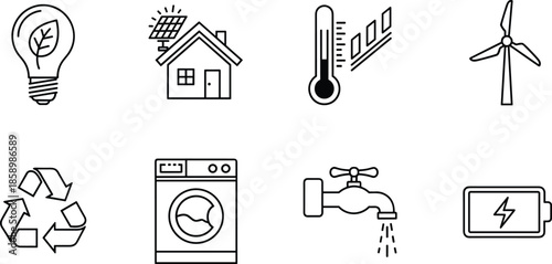 Renewable Energy Icon Set Featuring Solar Panels, Wind Turbines, Recycling Symbols, Energy Efficient Appliances, and Sustainable Green Technology Line Art Illustrations