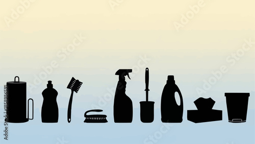 Collection of cleaning supplies and tools arranged in a line.