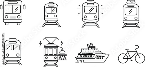 Public Transportation Icon Set Featuring Bus, Train, Subway, Taxi, Tram, Cruise Ship, and Bicycle Vector Illustrations for Urban Transit Design
