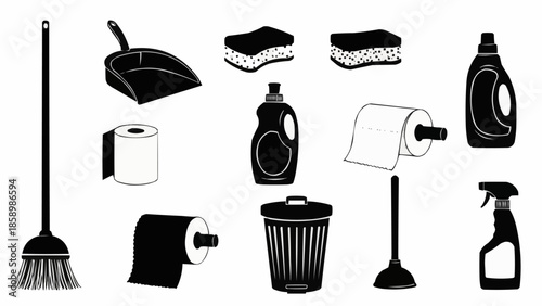Collection of cleaning supplies and tools for household chores.