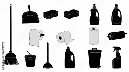 Collection of cleaning supplies and tools for household chores.