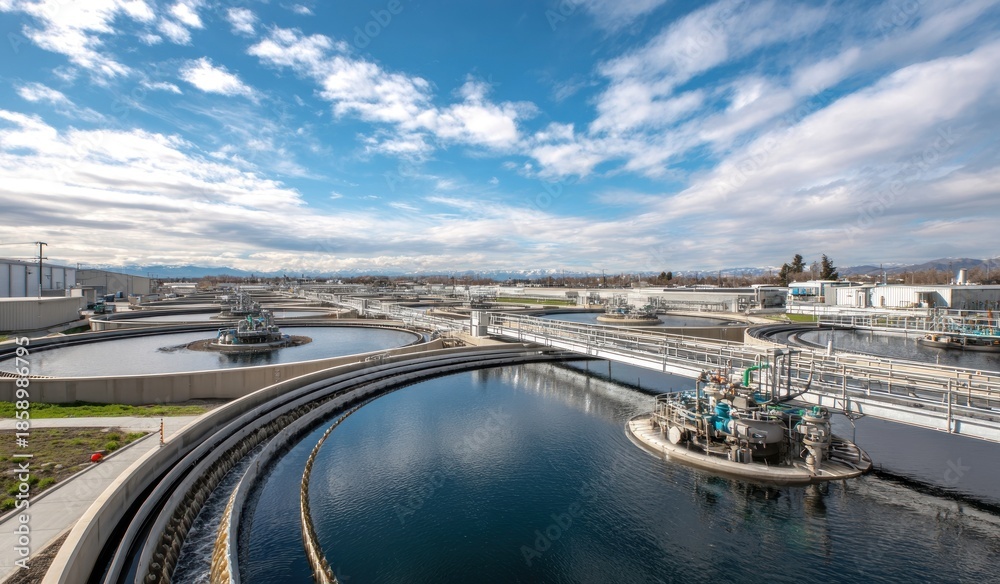 Obraz premium Industrial wastewater treatment plant with sedimentation basins under cloudy sky