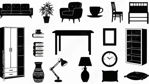Collection of black furniture and home decor silhouettes.