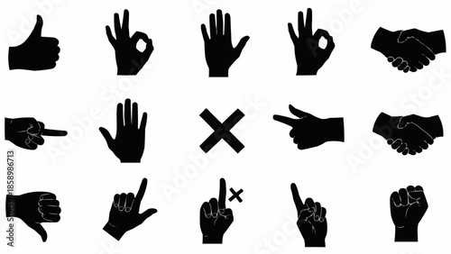 Collection of Black Hand Gestures and Symbols on White Background.