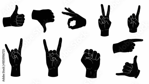 Collection of Black Hand Gestures and Symbols Silhouettes.