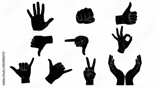 Collection of Black Hand Gestures Silhouettes on White Background.