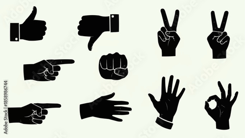 Collection of Black Hand Gestures Icons Isolated on White Background.