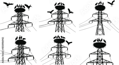 Transmission tower, bird nest, powerline silhouette, urban wildlife, electricity infrastructure, nature adaptation, utility pole, avian habitat, grid structure, coexistence