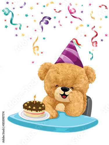 Adorable birthday bear vector illustration sitting
