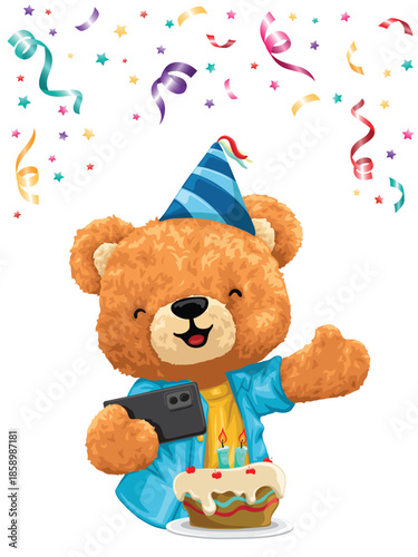 Cute birthday bear vector illustration selfie
