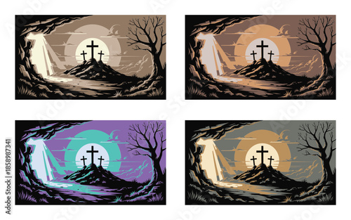 Four distinct color interpretations of three crosses on a hill seen from a mystical cave