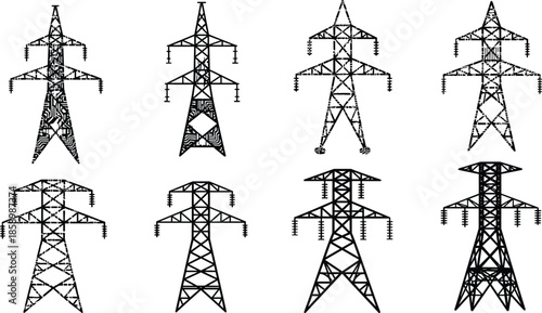 Transmission tower, powerline silhouette, infrastructure design, electricity grid, artistic pylon, utility structure, abstract engineering, energy system, concept art, symmetry