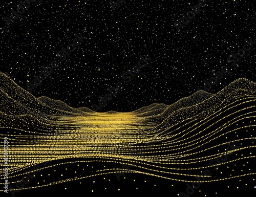 Abstract golden landscape with starry night sky design concept illustration