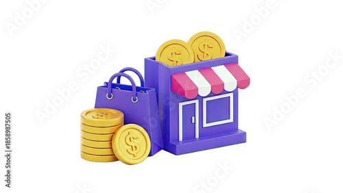 3D Isometric Store, Shopping Bag, and Gold Coins