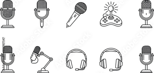 Set of CAD Drawing Flat Vector Illustration Icons Featuring Professional Microphones Studio Headphones Gaming Controllers and Audio Recording Equipment for Podcasts