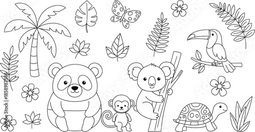 Cute tropical animal coloring page collection featuring panda koala monkey toucan and turtle with exotic palm leaves and flowers in black outline style.