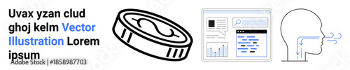Finance, digital transactions, data technology, user interface, respiratory health, minimal design. Coin symbol, online data screen human profile with respiratory flow. Finance and digital