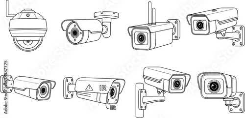 Set of Professional CCTV Security Camera Illustrations Featuring Dome Bullet and Infrared Surveillance Technology for Home Safety and Commercial Protection