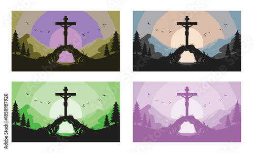 Silhouette illustration of Christ on the cross above empty tomb with mountains and trees at sunset