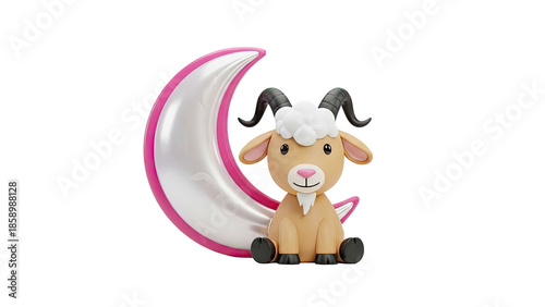 3D Render of a Cartoon Goat Sitting on a Crescent Moon with Pink Trim